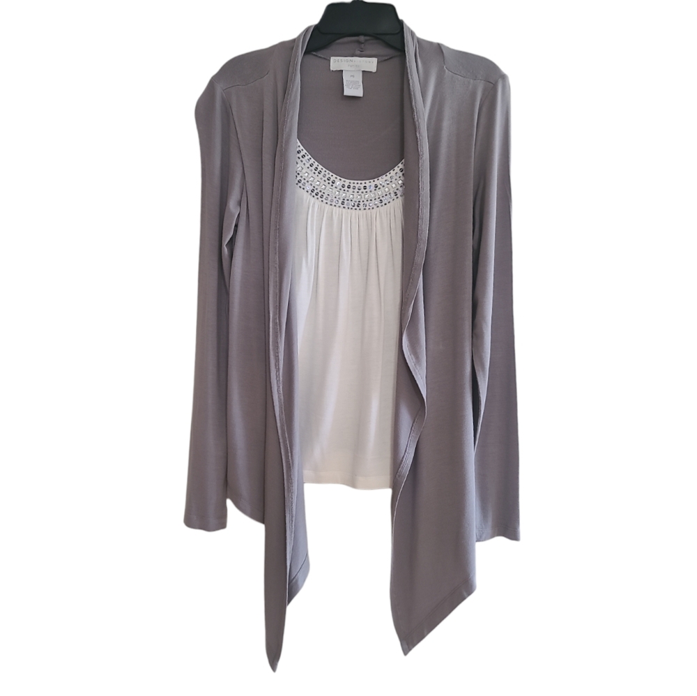 Design History Women's White And Gray Blouse With Attached Long Sleeve Cardigan - Picture 1 of 10